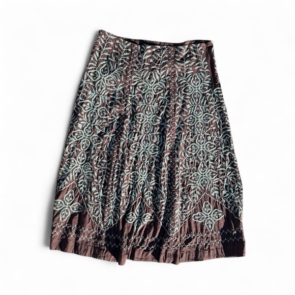 Soft Surroundings Y2K Boho/Western/Indie Brown Skirt with Teal Embroidery - Picture 2 of 6